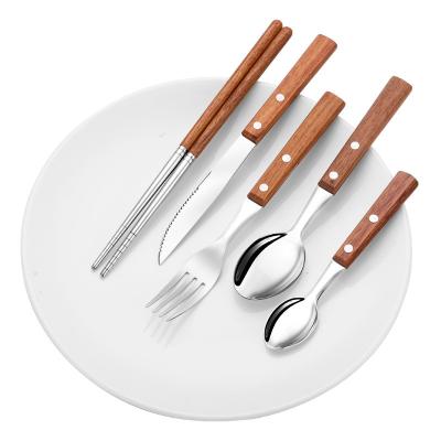 China High Quality Viable Stainless Steel Five-piece Fork Knife Steak Chopsticks Handle Rosewood Knife and Mahogany Fork Set for sale