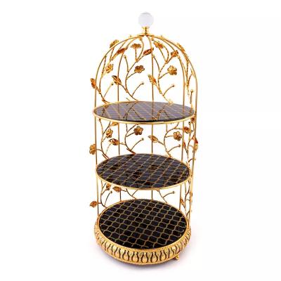 China Three-Tier Tray Afternoon Tea Dessert Decorative Fruit Birdcage Double Layer Cake Stand Viable Ceramic Wrought Iron Stand for sale