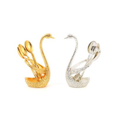 China Zinc Alloy Swan Wedding Decoration Luxury Metal Coffee Shop Decoration Swan Craft with 6 Spoons for sale