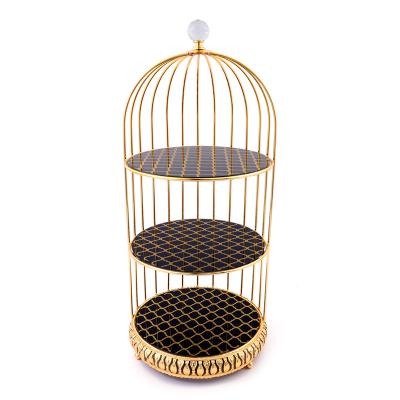 China Art Decor Decorations for Home Wholesale Gold 3 Tier Metal Birdcage Cake Stand Snack Tray for sale