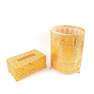 China Europe Hotel Bathroom Dedicated Guest Room Trash Bin Tissue Box Gold Plated Set Gold Silver Iron Craft 2 Color UV Printing for sale