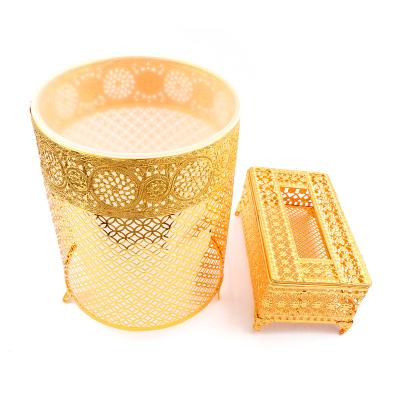 China Africa Hotel Special High End Decorative Metal Trash Can Tissue Box Golden Set for sale