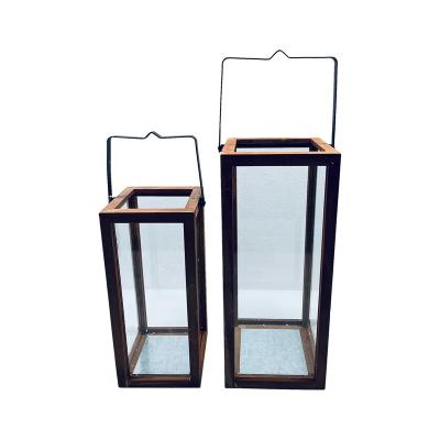 China Home Decoration Metal Wind Lanterns Iron Retro Style Rusty Outdoor Decorations Clear Glass Wood Square Candle Holder for sale