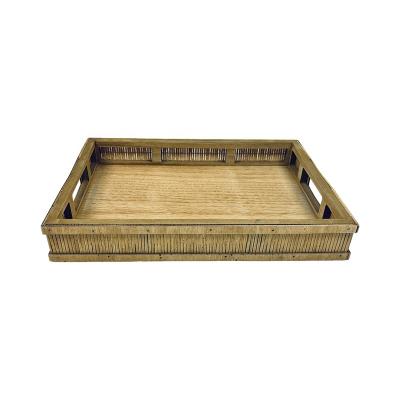 China Viable Wood Rattan Trays Rectangle Shape Hotel Food Tray Cake Dessert Bread Display Serving Tray for sale