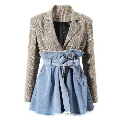 China LEXIN 2022 Spring Two Pieces Women New Plaid Denim Blazer Splice Breathable Trim Coat for sale