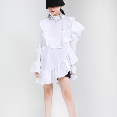 China New LEXIN Breathable Spring Ruffled Long Sleeve Shirt With Collar Women's Improved Chinese Asymmetrical Medium And Long Shirt for sale