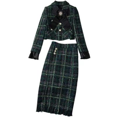 China LEXIN Fashion Women's Autumn Winter Woolen Jacket and Skirt Suit Office Party Vintage Outfit Breathable Plaid Short Tweed 2 Piece Set for sale