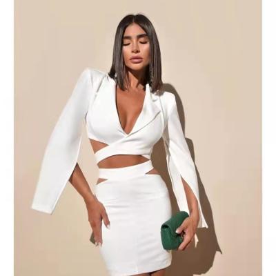 China LEXIN Womon Fashion Suit Long Sleeve Button Collar Short Skirt Lace Up Two Piece Set Breathable Simple Slightly Open Small Fork Suit for sale