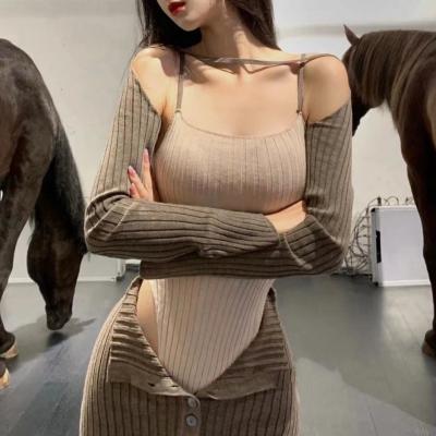 China LEXIN Two Piece Dress Breathable Contrast Color New 2022 Spring Careful Machine Waist High Slimming Backpack Hip Skirt Knitted Dress for sale