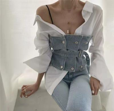 China Anti-wrinkle Straplesss belted TOP and denim shirt for sale