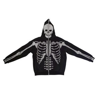 China Anti-wrinkle fashion rhinestone zipper full rhinestone hoodie men oversized hip hop black skeleton zipper up rhinestone hoodie for sale