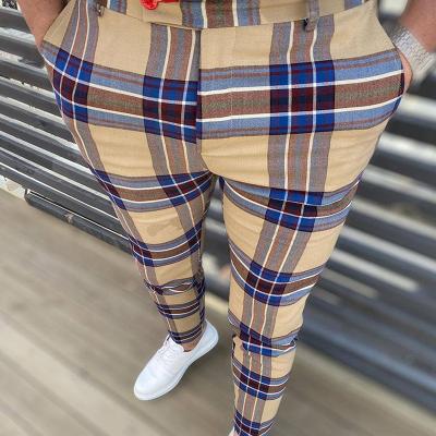 China Custom Fashion Men Plaid Slim Fit Dress Anti-Wrinkle Pants Casual Office Men Skinny Khaki Pants for sale