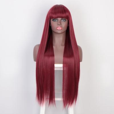 China Aisi Silky Straight Human Hair Long Wave Synthetic Fiber Red Heat Resistant Wigs With Neat Bangs Machine Made Wigs For Black Women for sale