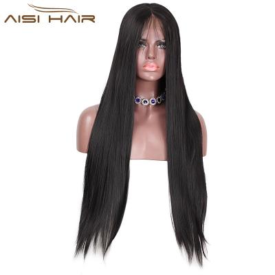 China Aisi Wholesale Silky Straight Hair Long Black Synthetic Lace Front Wigs With Baby Hair For Women Heat Resistant Fiber for sale