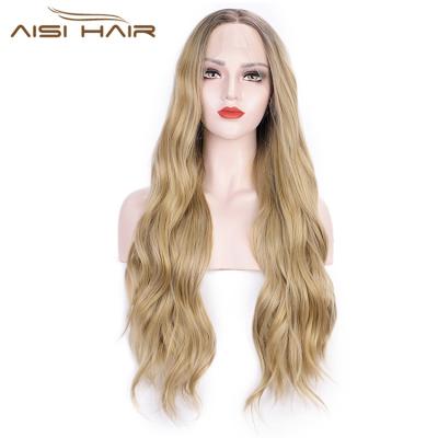 China Ombre Lace Front Long Wigs Heat Resistant Synthetic Fiber Wigs Light Brown Long Body Wave Aisi Human Hair Wavy Long Hair Wigs For Women for sale