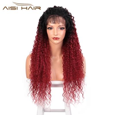 China Cosplay Frontal Lace Hair Wigs For Aisi Curl Wig Hair 13x6 Long Ombre Root Curly Curly Lace Wig Dark Red Red Curly Wavy Wave Colored Women for sale