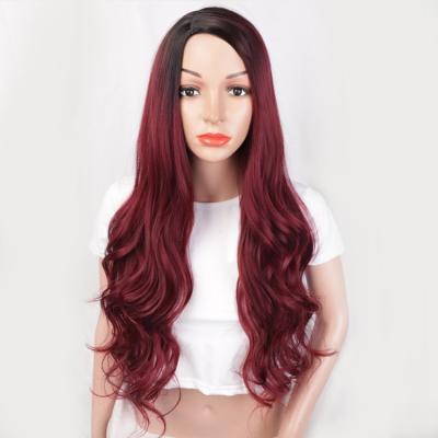 China Body Wave Fiber Wigs For Body Women Long Ombre Black Wavy Heat Resistant Red Side Part Synthetic Wigs for sale