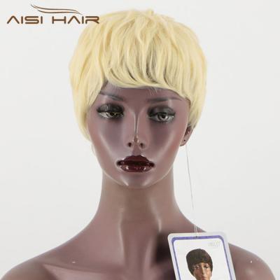 China Aisi Hair Wholesale Price Short Straight Pixie Cut Blonde Hair Wigs With Bangs Good Quality Heat Resistant Synthetic Wigs For Black Women for sale