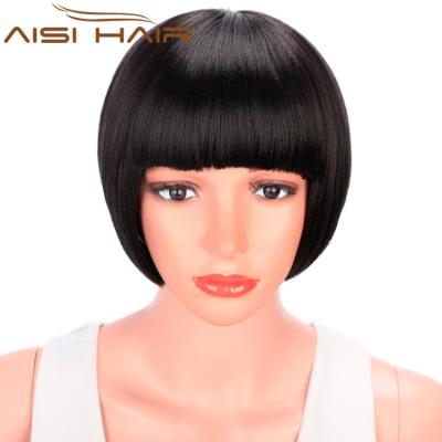 China Natural Black Straight Synthetic Bob Wigs Heat Resistant Synthetic Fiber Short Bob Wigs With Bangs Short For Women for sale