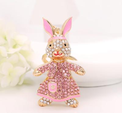 China Wholesale Gift In Stock Exquisite Metal Bag Charms Cute Rabbit Women Key Chain 3D Rhinestone Accessory for sale