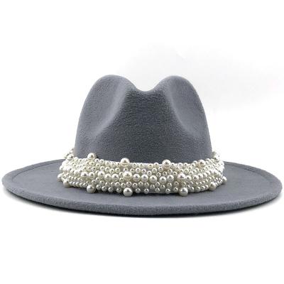 China Wholesale Fashion Verified Luxury Wool Fake Felt Fedora Solid Color Felt Hat With Pearl For Women Felt Fedora Ladies Hats for sale