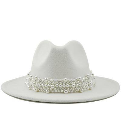 China Wholesale Fashion Checked White Hat With Pearl Party Hat Felt Fedora Luxury Hats For Women for sale