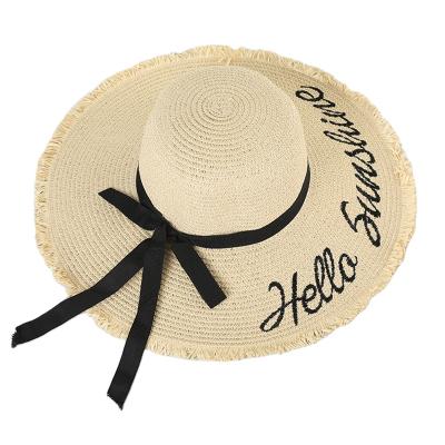 China Fashion\Comfortable\Durable Hand - Woven Women Black Letter Ribbon Lace Up Straw Hats Wholesale Summer Sun Straw Hat Beach Hat Large Brim for sale