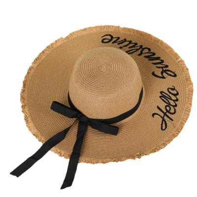 China Light Hand - Large Woven Straw Hat Beach Hat Black Ribbon Lace Brim Summer Sun Hat for sale