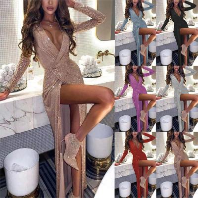 China European and American 2022 European and American long sleeved dress skirt women's anti-wrinkle new solid color V-neckline nightclub skirt long-sleeved sexy shiny for sale