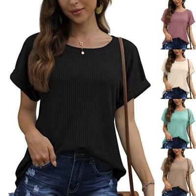 China 2022 QUICK-DRY Women's New Round Waffle T-shirt Short Sleeve Rolled Top Loose Top And Summer Neck for sale