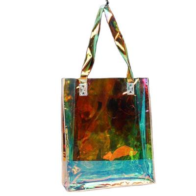 China Large Shopping Clear Holographic PVC Tote Fashion Shopping Cosmetic Shoulder Handbag For Women for sale