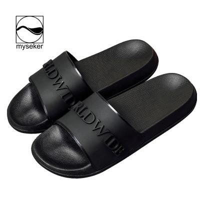 China Custom High Quality Summer Logo Sandal Slide Design Men Anti-Slippery Soft Rubber Slippers Window Strip PU Slippers Design Men Myseker for sale