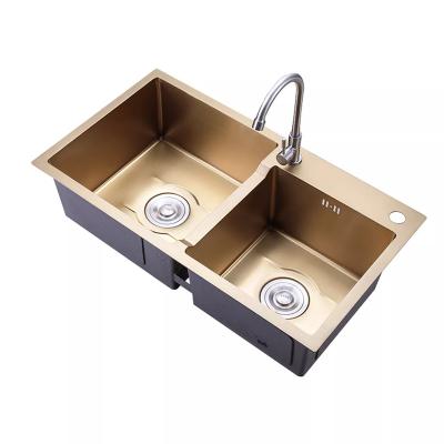 China Luxury Gold Stainless Steel Workstation Faucet Premium Gold Colorless Double Bowls Handmade Kitchen Sink for sale