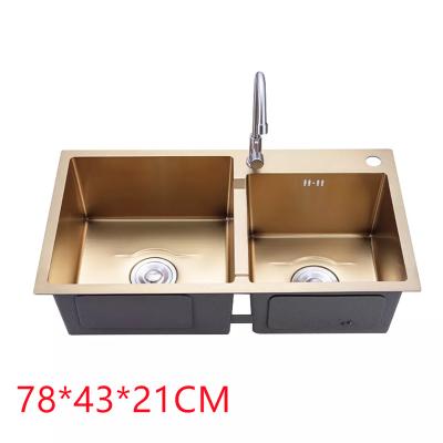 China Without Faucet Luxury Brushed Kitchen Gold Double Bowl Stainless Steel Sink Handmade for sale