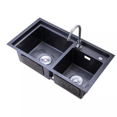 China 16 GAUGE Thick Nano Stainless Steel Handmade Black Gold Kitchen Sink Faucet Double Bowl 3.0mm for sale