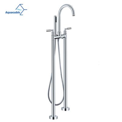 China Aquacubic cUPC CE Free Slide Bar Certified Brass Chrome Bathroom Tub Floor Basin Faucets With Hand Shower for sale