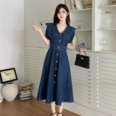 China Viable Women Plus Size Denim Dress Summer Chic Elegant Dresses For Chubby Women V-neck Woven Cotton Dress for sale