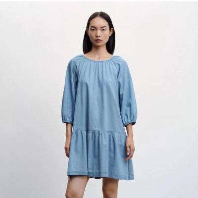 China Dress 2023 anti-static women's denim spring and summer fabric elegant seven round neck seven minute sleeve cotton dress new for sale