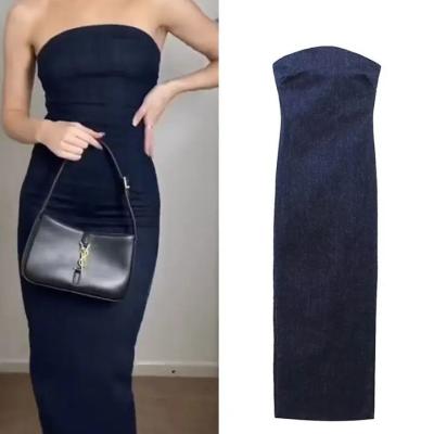 China Sexy Party Strapless Backless Blue Denim Dress Slit Anti-wrinkle Female Long Zipper Dress For Women Clothes Summer Party Dresses for sale