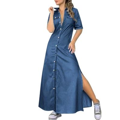 China Lady Summer Single Breasted Shirt Collar Solid Color Denim Dress Short Sleeve Side Slit Dress Mom Skirt Women Loungewear Anti-Static Skirt for sale