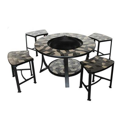 China Stocked Round Mosaic Tile Convertible Fire Coordinated Pit Table With 4 Stools Patio Complete Set for sale