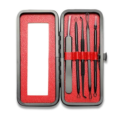 China Fashionable 5PCS Stainless Steel Acne Blackhead Remover Tool Kit Set Facial Needles With Mirror And Leather Case for sale