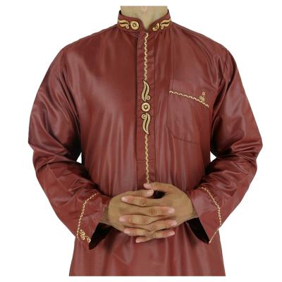 China Shinny Polyester Material Latest New Long Sleeve Design Shinny Polyester Material Muslim Men Thobe for sale