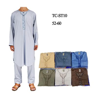 China Free Shipping Dubai Islamic Kaftan Muslim Men Cotton Clothing Pakistan Canvas Long Sleeve Set Long Thobe Dresses For Ramadan for sale