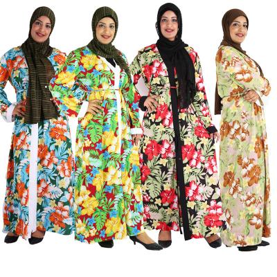 China Muslim Abaya Women Fabric Chiffon Material Open Flower Print Lady Dress for sale