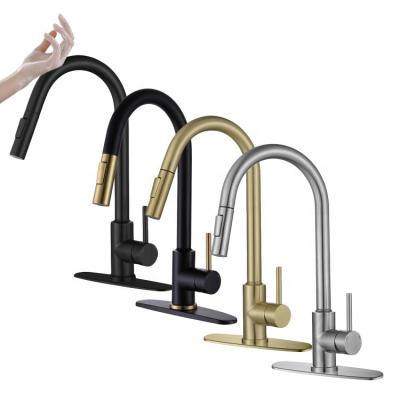 China New 304 Rise Sense Faucets Sense Stainless Steel Gold Hot Cold Water Black Brushed Color Pull Out Smart Touch Sensor Kitchen Faucet for sale