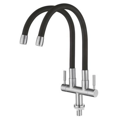 China Modern High Quality Flexible Deck Mounted Cold Water 304 Stainless Streel Double Spout Double Handle Taps Mixer Black Kitchen Faucet for sale