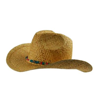 China Hand - woven natural raffia Straw Woven Hat Bodysuit Multi bead cowboy Hat for sale