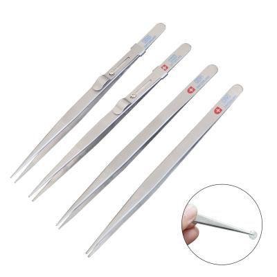 China Metal Jewelry Tweezers Stainless Steel Sharp Tweezers Anti-Slip Fine With Diamond Tweezers Tool Long Clip Lock Groove Clip for sale