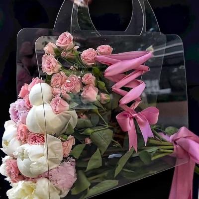 China Recyclable Tiktok Hot Selling Custom Pvc Plastic Transparent Flower Tote Bags Wedding Gift Packaging Bags  with Ribbon for sale